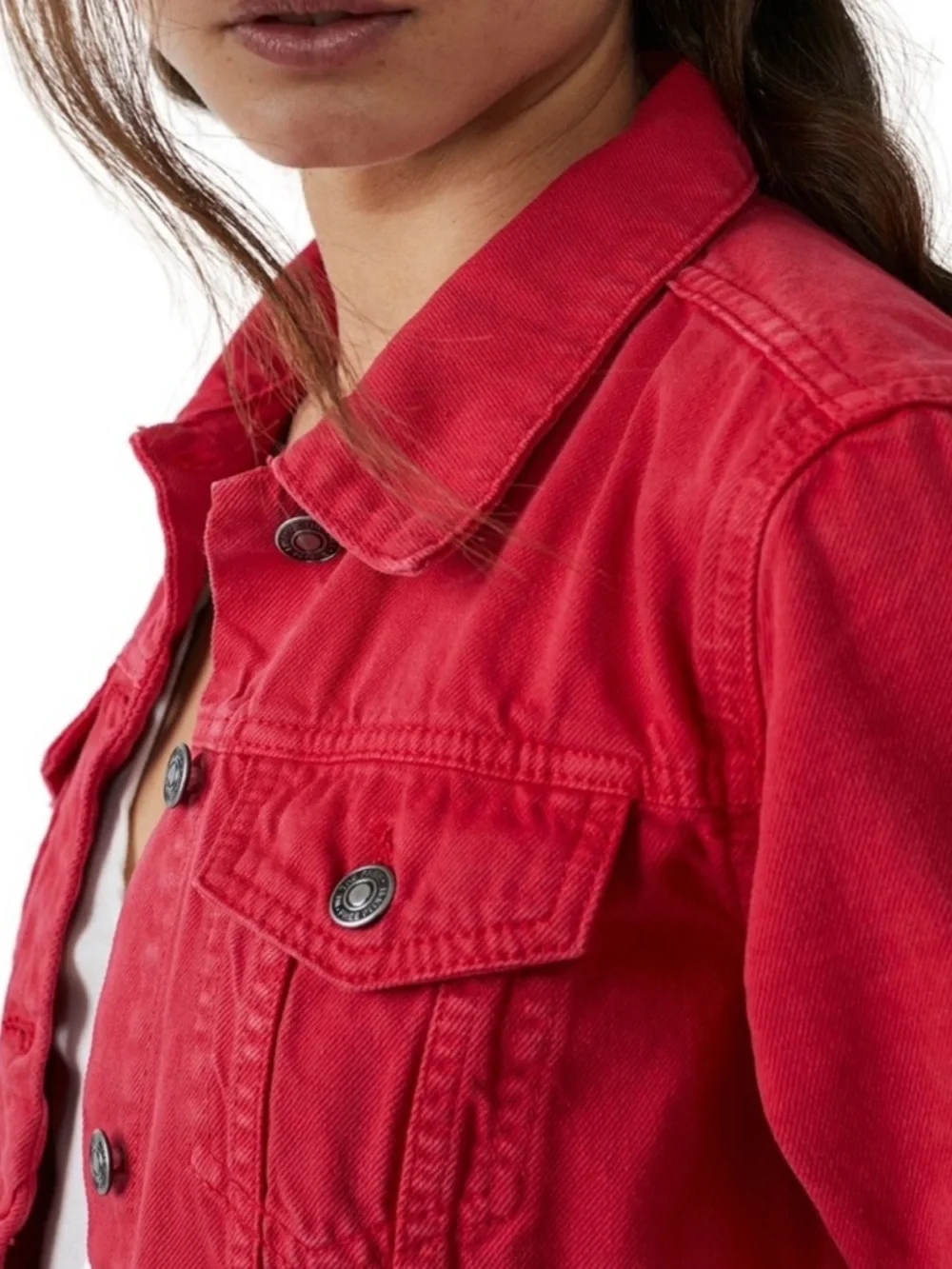 Free People / We The Free Red Denim Trucker Jacket Size XL - Picture 4 of 11